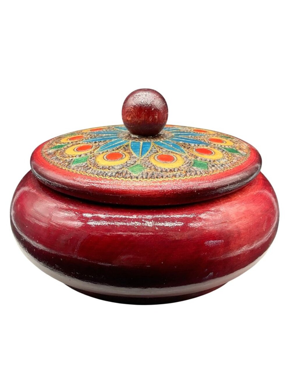 Hand Painted & Carved Red Wood Lacquered Lidded Bowl 3"H x 5"D